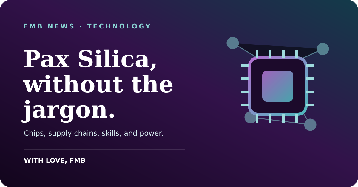 Editorial illustration of a semiconductor and connected supply-chain nodes
